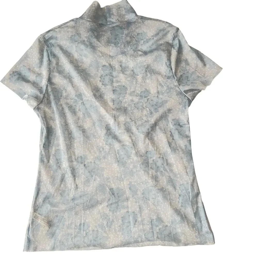 Free People Sheer Short Sleeve Mock Neck Top in Pale Blue and White